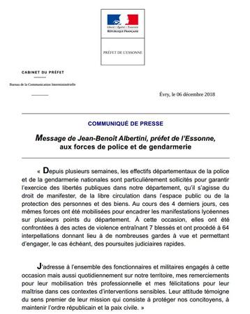 CP MESSAGE DU PREFET DE L'ESSONNE AUX FORCES DE L'ORDRE